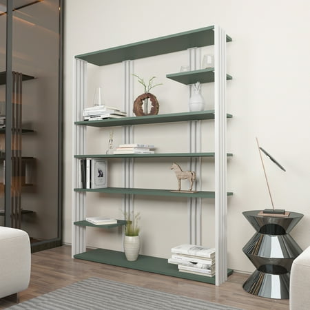 7-tier bookcase in green and white featuring sleek metal supports, spacious shelves for books and decor, and a modern design suitable for any living space.