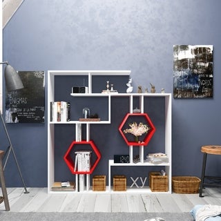 Geometric bookshelf unit featuring a white frame with red hexagonal accents, showcasing multiple shelves and compartments, ideal for decor and storage.