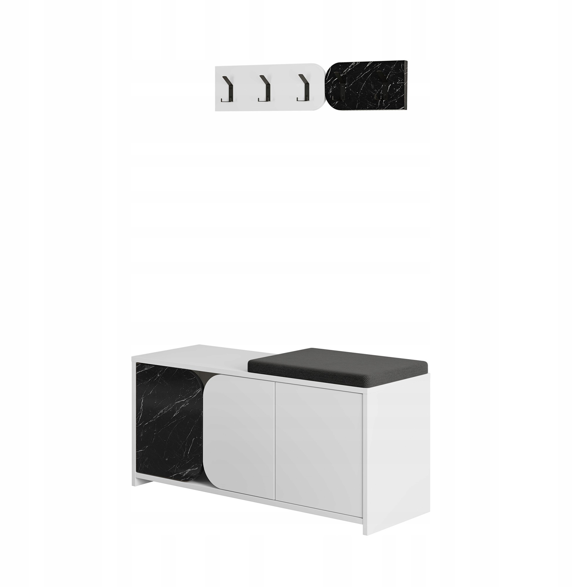 Modern white hallway bench with a black marble accent, featuring a cushioned top and two sliding doors, accompanied by a wall-mounted coat rack with three hooks.