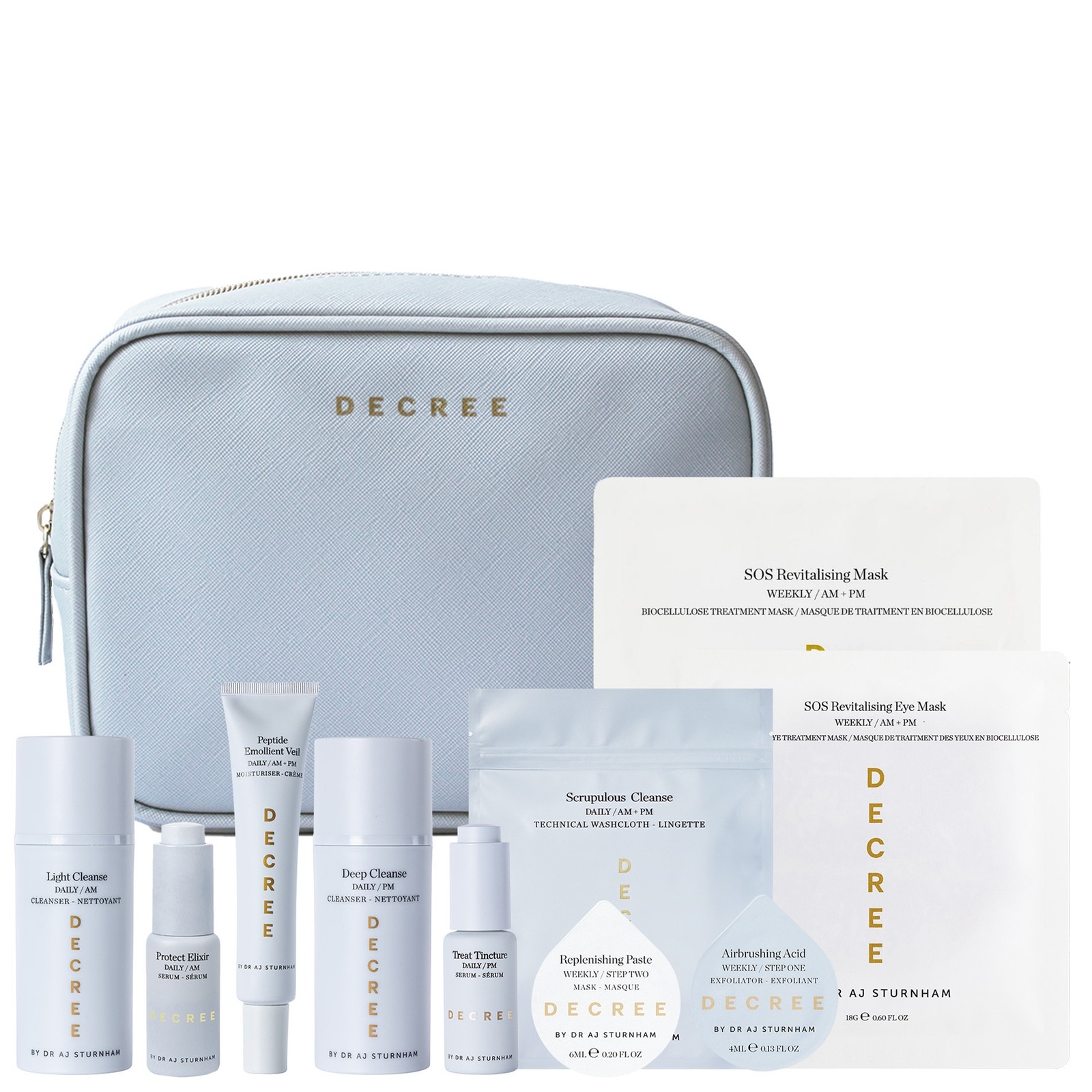 Light blue cosmetic bag with gold "DECRE" logo, containing various skincare products in white and silver packaging, including cleansers, masks, and serums.