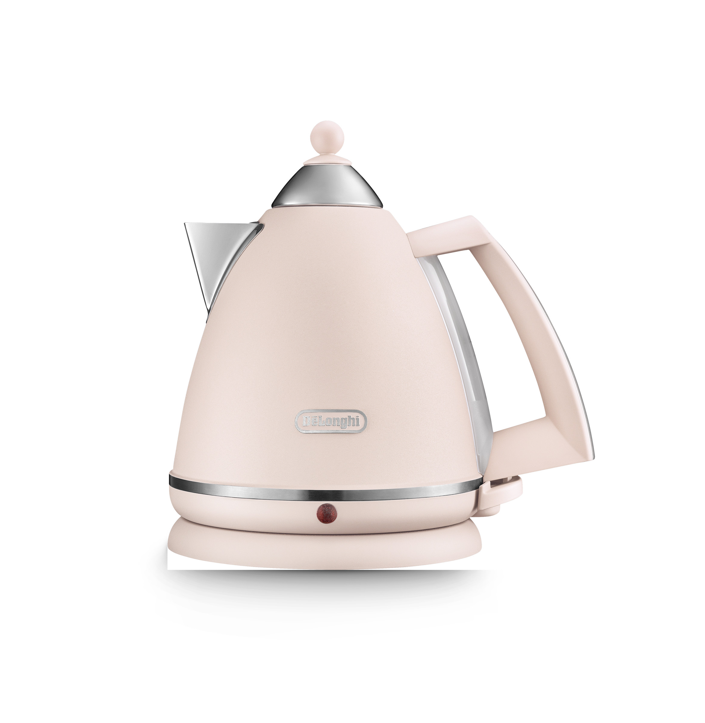 Delonghi 1.7L Argento kettle in soft pink with a stainless steel lid, ergonomic handle, and a red indicator light on the base.
