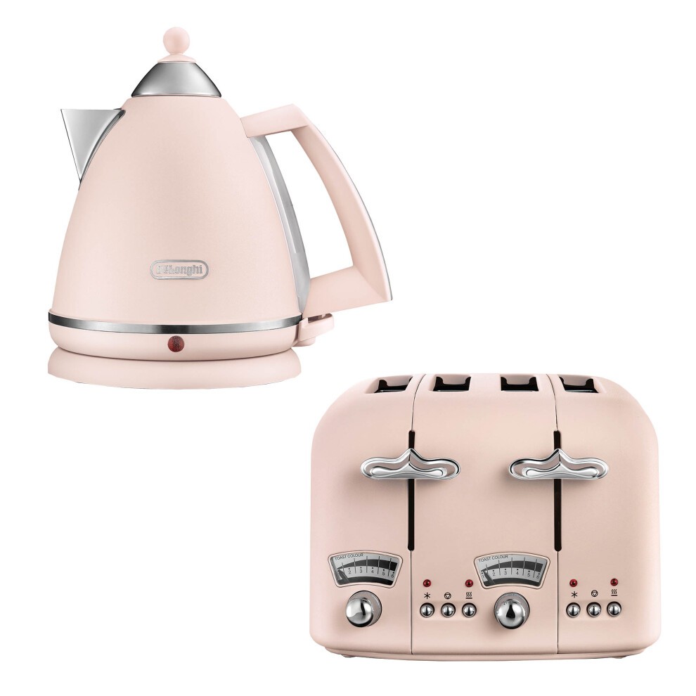 Delonghi's pink kettle features a stainless steel body, a polished chrome lid, and a red indicator light, paired with a matching pink toaster with four slots and chrome controls.