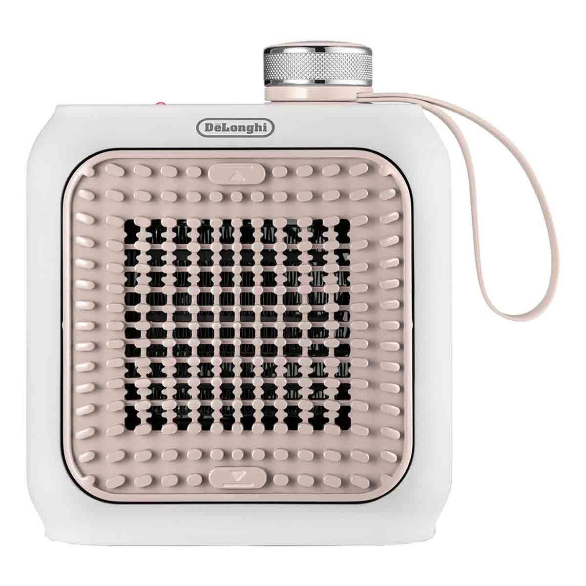 Delonghi 360W ceramic desk heater in green and white, featuring a grid front, control knob on top, and a compact design suitable for small spaces.