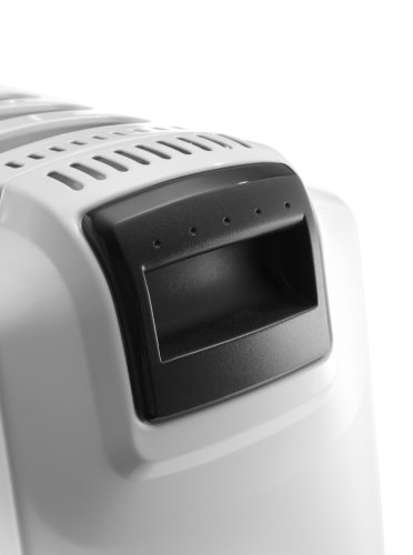 White oil-filled radiator with a sleek design, featuring a black control panel on top, multiple heating settings, and a compact, portable structure for efficient heating.