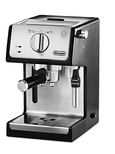 Sleek black and stainless steel DeLonghi ECP35.31 espresso machine featuring a steam wand, control dial, and a compact design for home brewing.