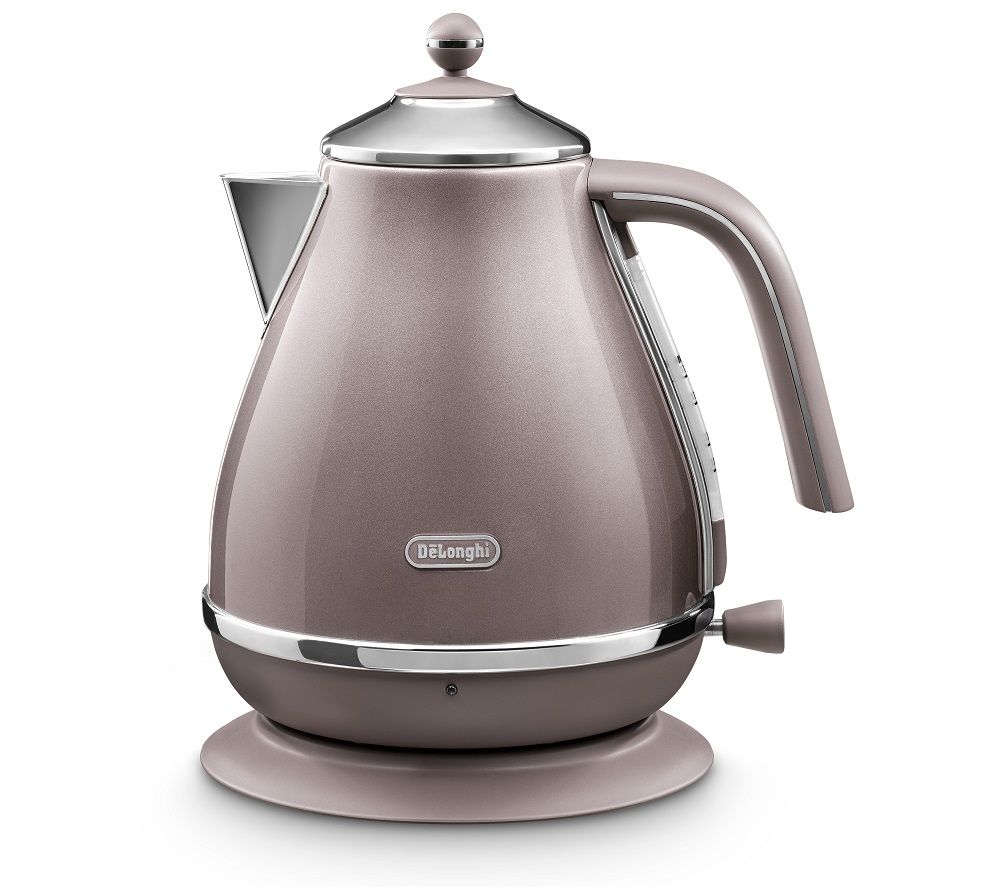 Pink metallic electric kettle with a 1.7 L capacity, 3000 W power, a stainless steel spout, and a polished chrome handle, featuring a round base and a retro design.