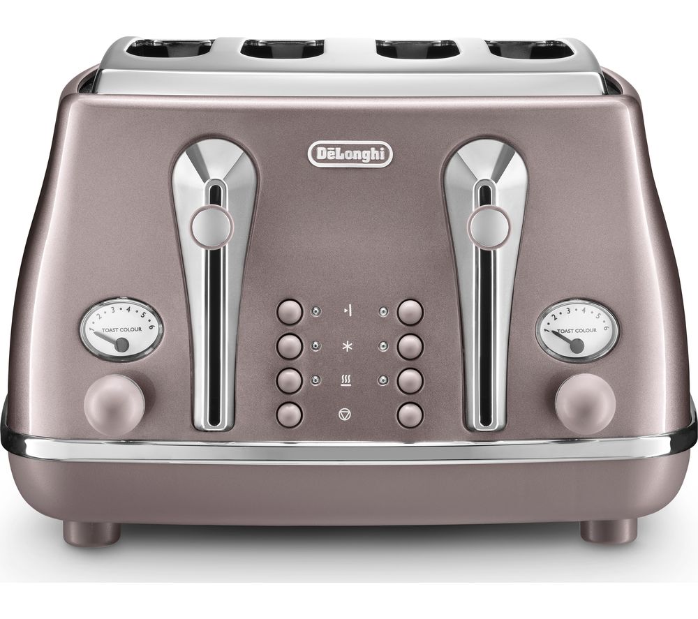Pink metallic toaster with four slots, chrome accents, and two control dials for toast color adjustment, featuring a modern design and sleek finish.