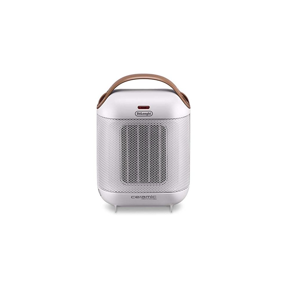 Delonghi 1800W ceramic heater in white with a mesh front, brown handle, and a red power indicator light, designed for efficient heating.