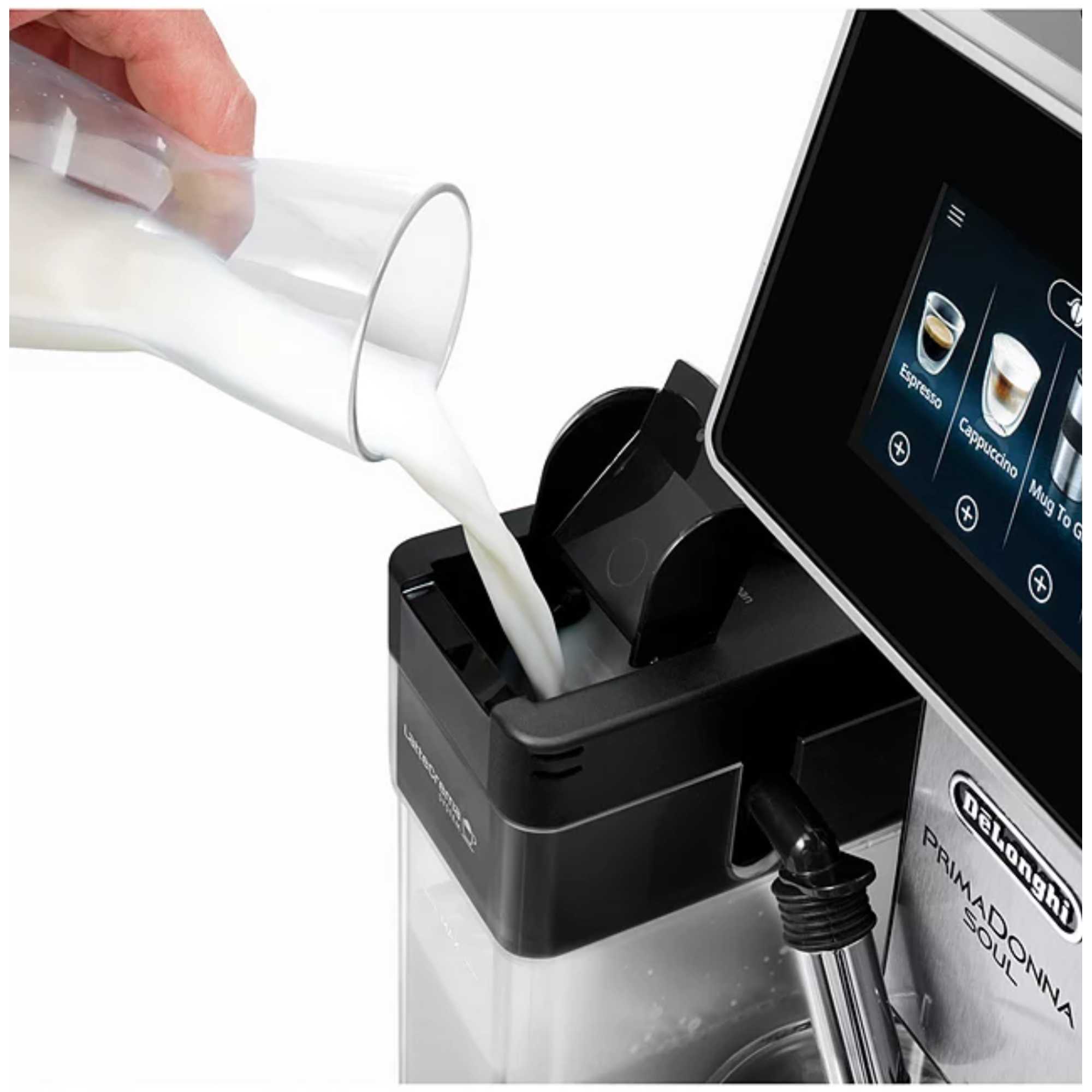 Delonghi Primadonna Soul Bean to Cup Auto Coffee Machine in silver, featuring a sleek design, touchscreen interface, and a milk container for frothing.