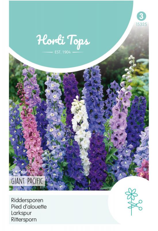 Colorful seed packet for Hortitops Riddersporen (Delphinium) featuring vibrant blue, purple, and white flowers, with a clean, modern design and botanical illustrations.