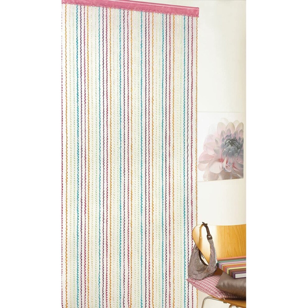 Braid string door curtain panel features vertical multicolored stripes in pastel shades, with a pink header, designed as a room divider and fly screen.