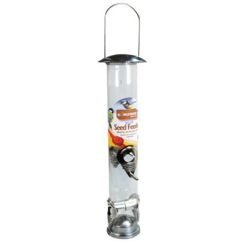 Transparent tube bird feeder with a silver metal top and bottom, featuring multiple feeding ports and a sturdy hanging handle, designed for wild bird seed.