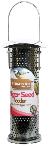 Deluxe Niger Seed Feeder in silver metal with a perforated design, featuring a removable lid and a sturdy hanging hook, ideal for year-round bird feeding.