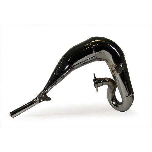 Chrome exhaust front pipe for Honda CRM125, featuring a smooth, shiny surface with a curved design and a mounting flange for easy installation.