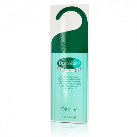 Green and turquoise packaging of Dermol Shower Emollient, featuring a curved top, with 200ml label and text highlighting its moisturizing and antimicrobial properties.