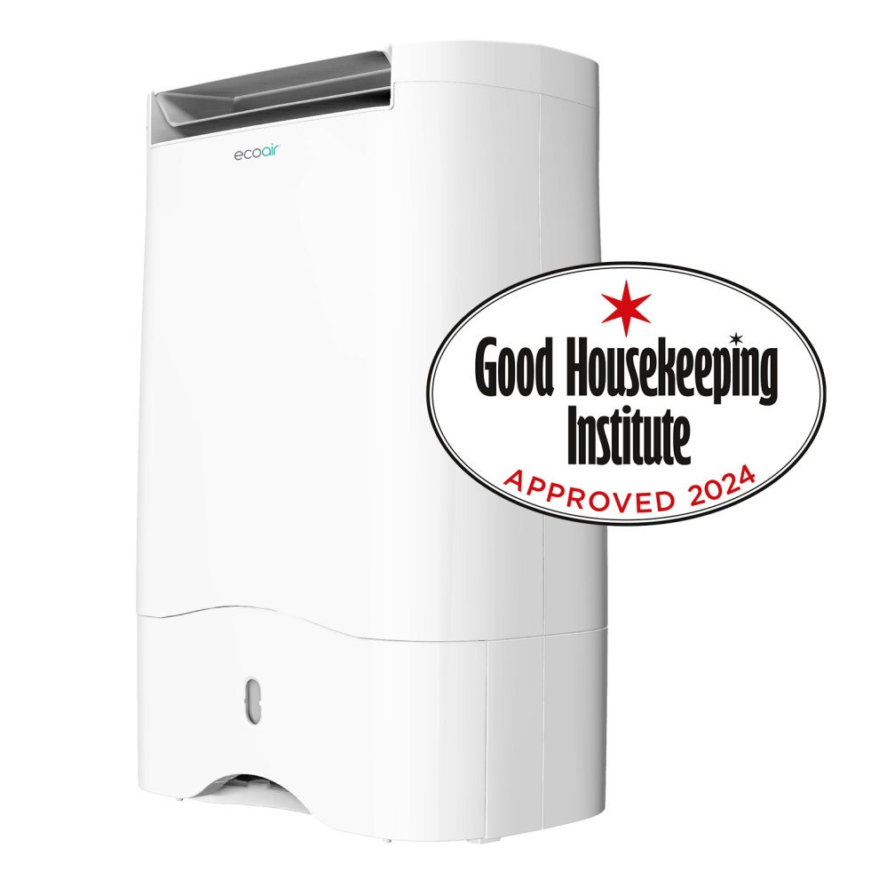 White EcoAir dehumidifier with a sleek design, featuring an air vent at the top and a circular water tank indicator, alongside a "Good Housekeeping Institute Approved 2024" badge.