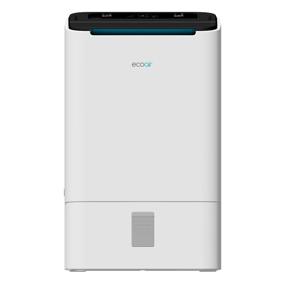 White EcoAir dehumidifier with a sleek design, featuring a dark top panel, control buttons, and a front water tank access door.