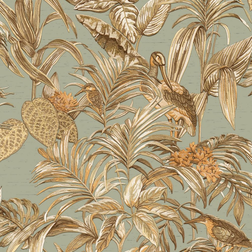 Teal blue wallpaper featuring intricate botanical and tropical designs with gold and brown accents, depicting leaves, flowers, and birds for home decor.