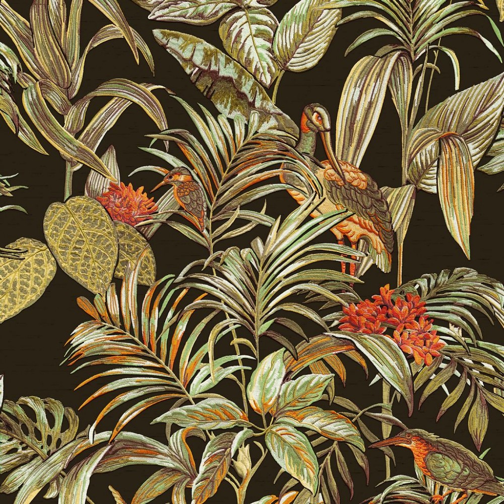 Tropical foliage wallpaper featuring vibrant green leaves, orange flowers, and stylized birds against a dark background, showcasing intricate detailing and a lush, exotic design.
