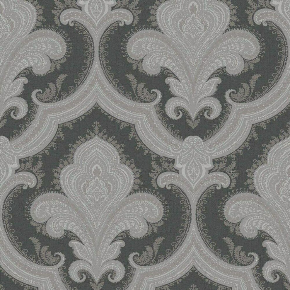 Metallic damask wallpaper featuring a silver and black textured design with intricate floral patterns and elegant curves, crafted from traditional vinyl material.