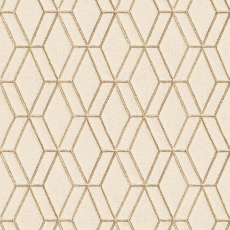 Beige geometric wallpaper featuring a stitched hexagonal pattern with raised textures, adding depth and sophistication to interior spaces.