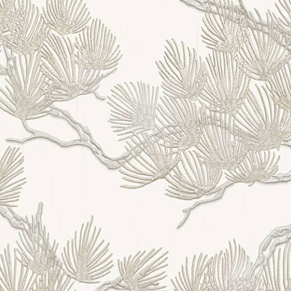 Beige wallpaper featuring intricate, textured pine tree designs in soft neutral tones, with detailed branches and leaves creating a natural, elegant aesthetic.