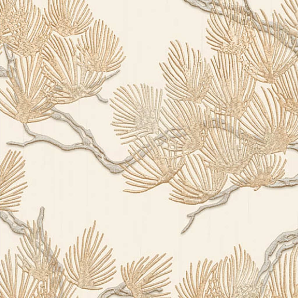 Metallic wallpaper featuring intricate Oriental pine tree designs in gold and silver tones on a soft beige background, creating a textured and elegant look.