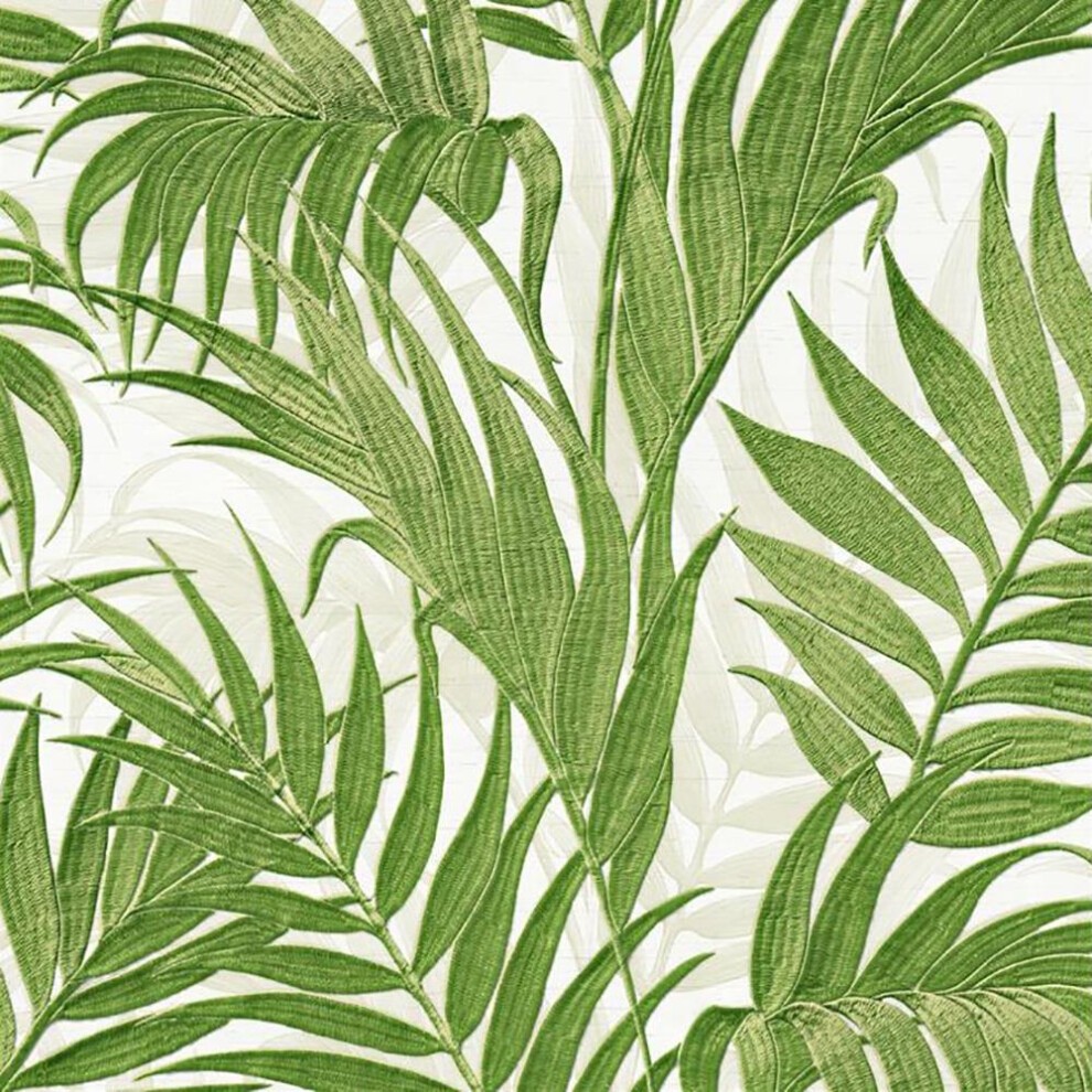 Textured wallpaper featuring lush green palm leaves on a white background, designed for easy application with a paste-the-wall method.