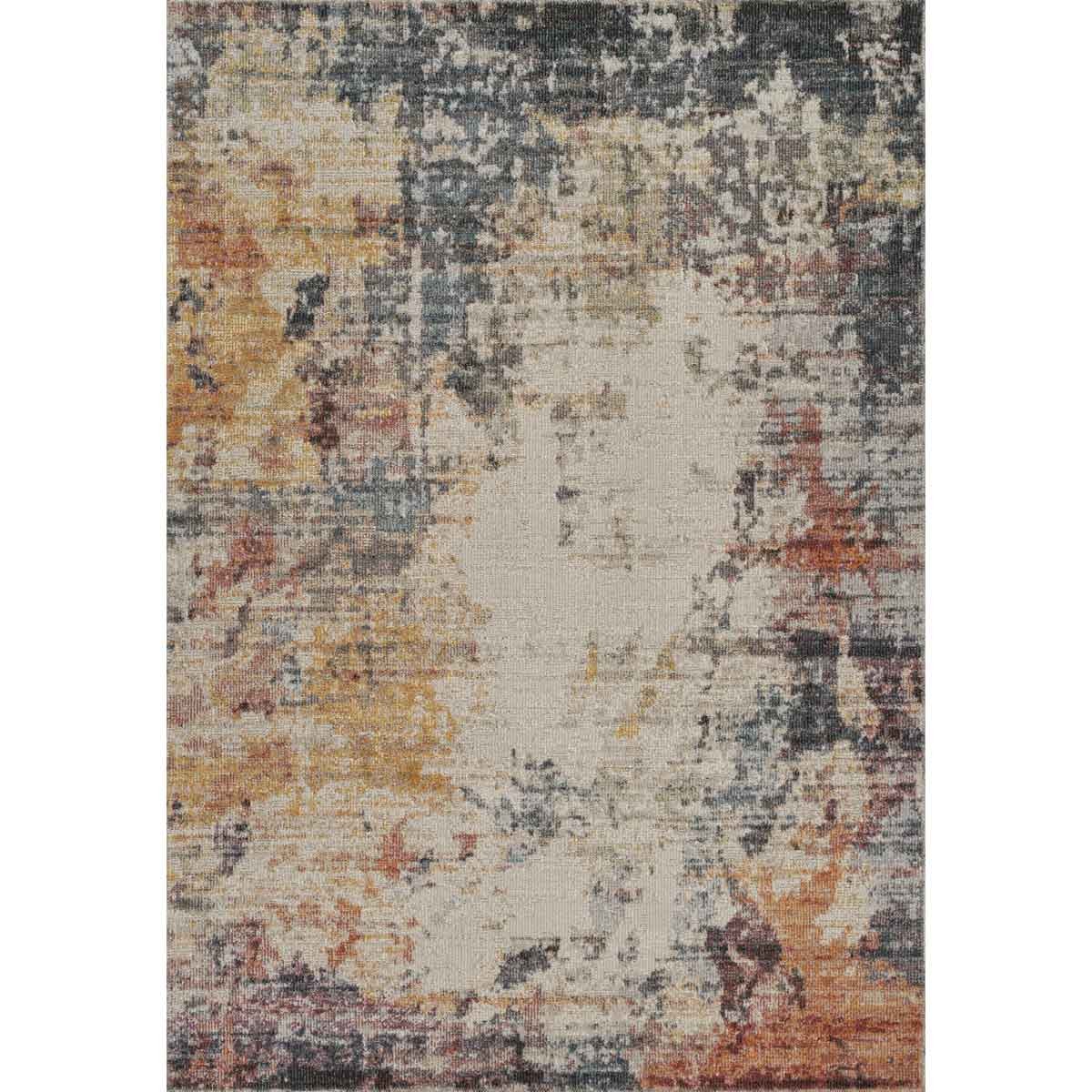 Low pile abstract area rug featuring a multi-colored design with shades of beige, orange, gray, and blue, measuring 200cm x 290cm, ideal for modern living spaces.