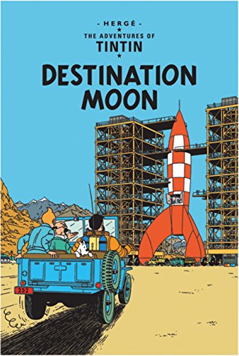 Colorful comic book cover featuring a red and white rocket on a launch pad, with Tintin, Snowy, and Captain Haddock in a blue vehicle against a desert backdrop.