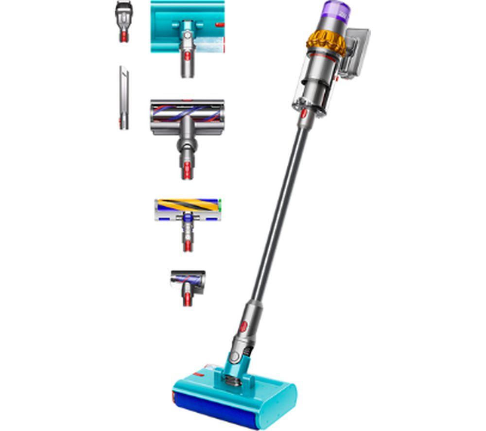Dyson V15S Detect Submarine Wet and Dry Cleaner in yellow and nickel, featuring a sleek design, multiple attachments, and a blue cleaning head for versatile use.