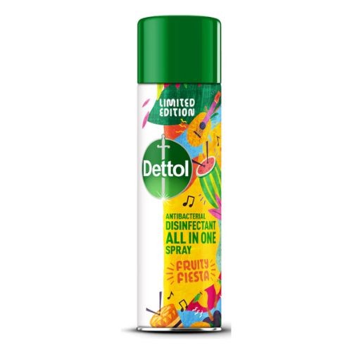 Dettol Antibacterial All in One Disinfectant Spray, 300ml, features a vibrant green cap, colorful tropical-themed design, and "Limited Edition" label with "Fruity Fiesta" text.