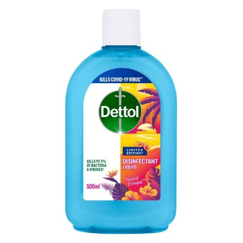 Dettol Disinfectant Liquid in a 500ml blue bottle featuring tropical-themed graphics and a label stating it kills 99.9% of bacteria and viruses, with "Island Escape" branding.