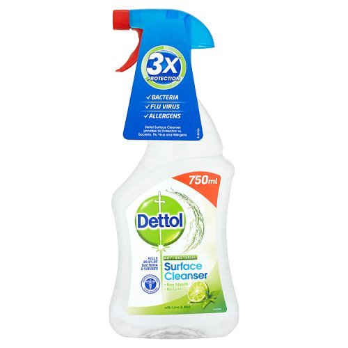 Clear plastic spray bottle with a blue and red trigger, labeled "Dettol Antibacterial Multi Surface Cleaning Spray" in green and white, featuring lime and mint scent, 750ml size.
