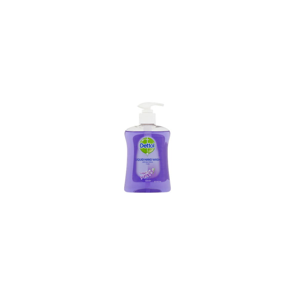Purple liquid hand soap in a clear plastic bottle with a pump dispenser, labeled "Dettol Antibacterial Hand Soap W. Lavender - 250 Ml."