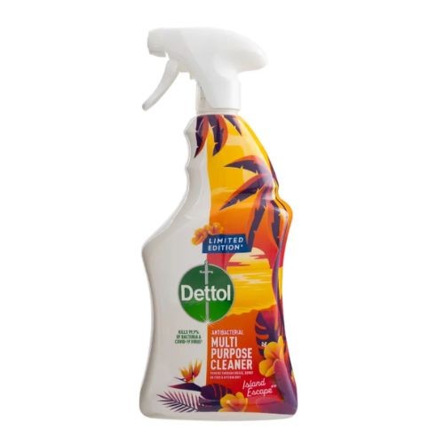 Dettol Island Escape multipurpose trigger spray in a white bottle with colorful tropical designs, featuring a spray nozzle and a 750ml capacity.