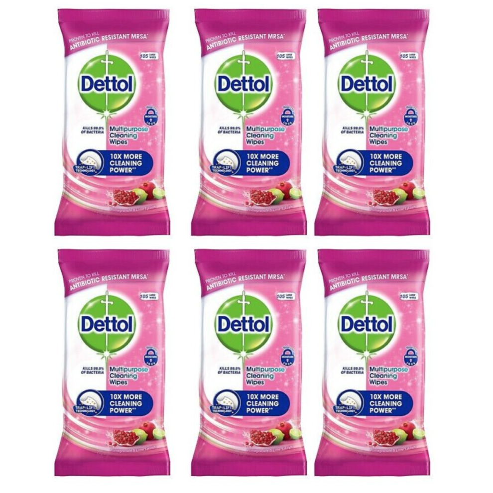 Six packs of Dettol Multi Purpose Cleaning Wipes in a vibrant pink package, featuring pomegranate graphics, highlighting antibacterial properties and "10X more cleaning power."