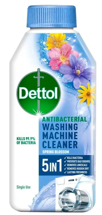 Dettol Washing Machine Cleaner in a 250 ml bottle, featuring a vibrant blue and green design with floral accents, labeled as antibacterial and 5-in-1 for effective cleaning.