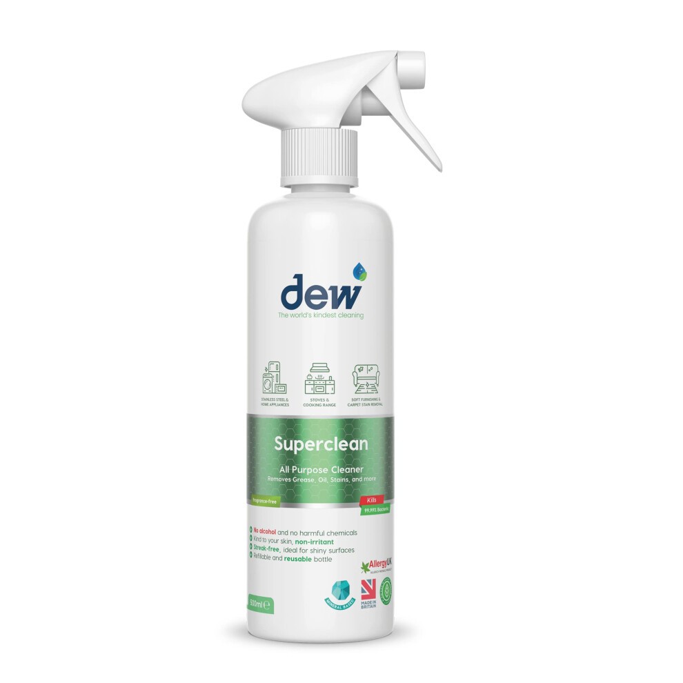 White plastic spray bottle with a trigger nozzle, labeled "Superclean" in green and blue, highlighting its eco-friendly, fragrance-free, and antibacterial features.