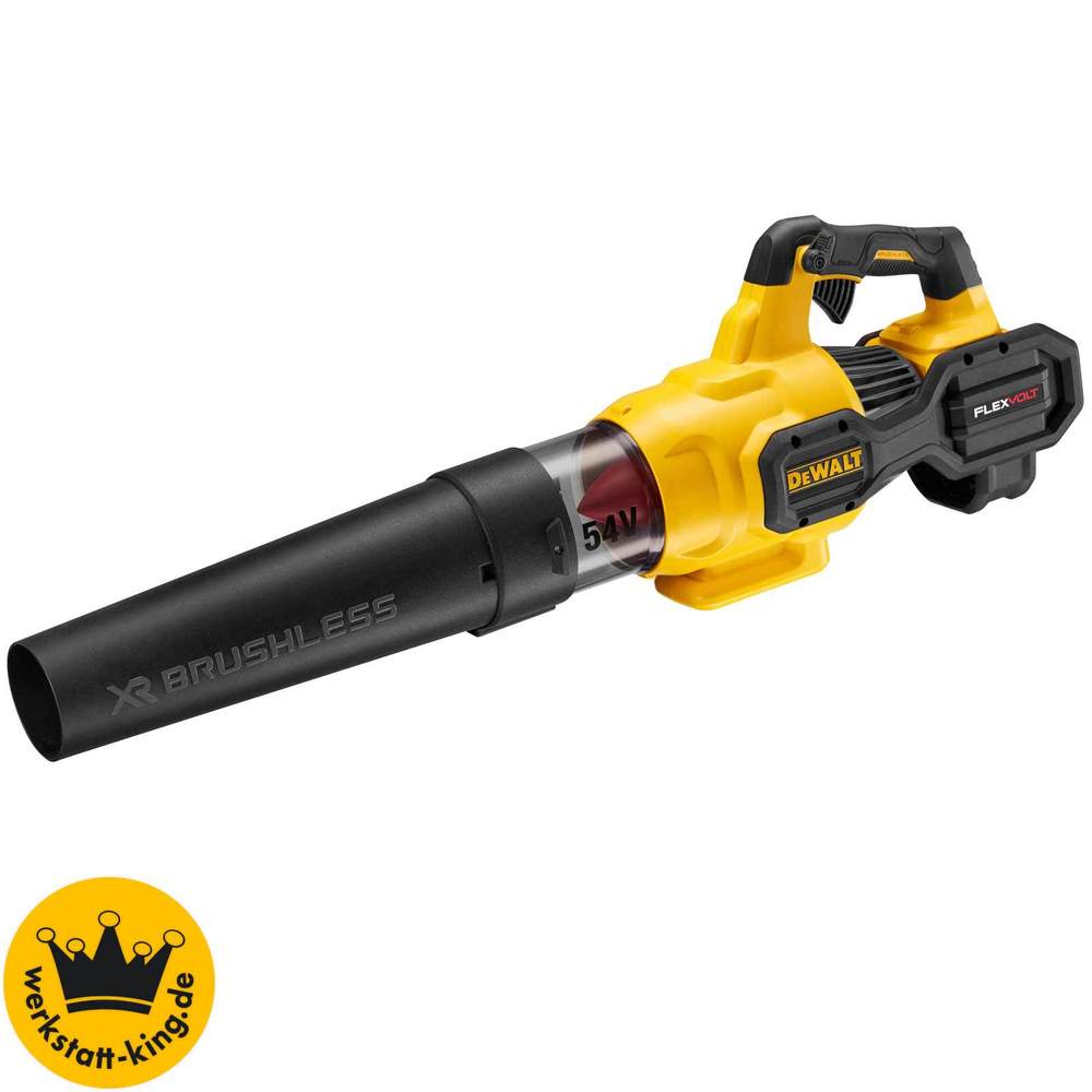 Yellow and black DEWALT DCMBA572N XR FlexVolt Axial Blower with a brushless motor, featuring a long nozzle and a battery compartment for 18/54V power options.