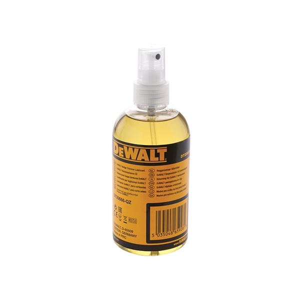 Clear spray bottle of DEWALT DT20666 Hedge Trimmer Lubricant, featuring a yellow liquid, a pump spray top, and a prominent black and yellow label with product details.