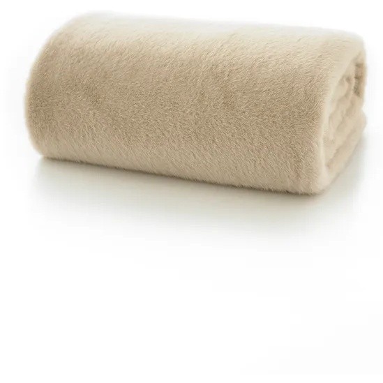 Cream-colored, supersoft faux fur throw blanket by Deyongs, featuring a plush texture and rolled design, perfect for cozying up in any setting.