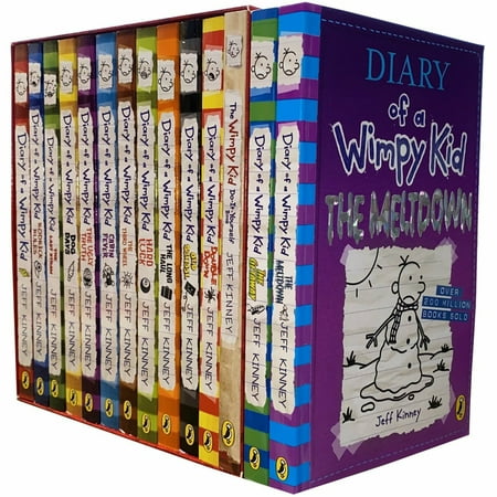 Colorful collection of 14 hardcover books from the "Diary of a Wimpy Kid" series by Jeff Kinney, featuring vibrant spines and playful illustrations on the covers.