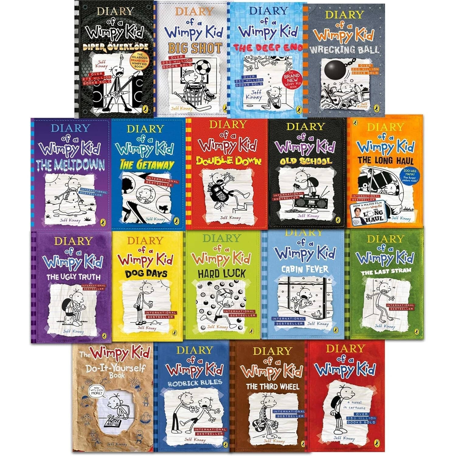 Colorful collection of 18 "Diary of a Wimpy Kid" books by Jeff Kinney, featuring various covers with cartoon illustrations and bold titles in yellow and white text.
