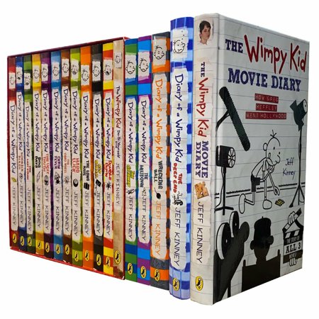 A colorful collection of 17 paperback books from the "Diary of a Wimpy Kid" series, featuring vibrant spines and playful illustrations, with the first book prominently displayed.