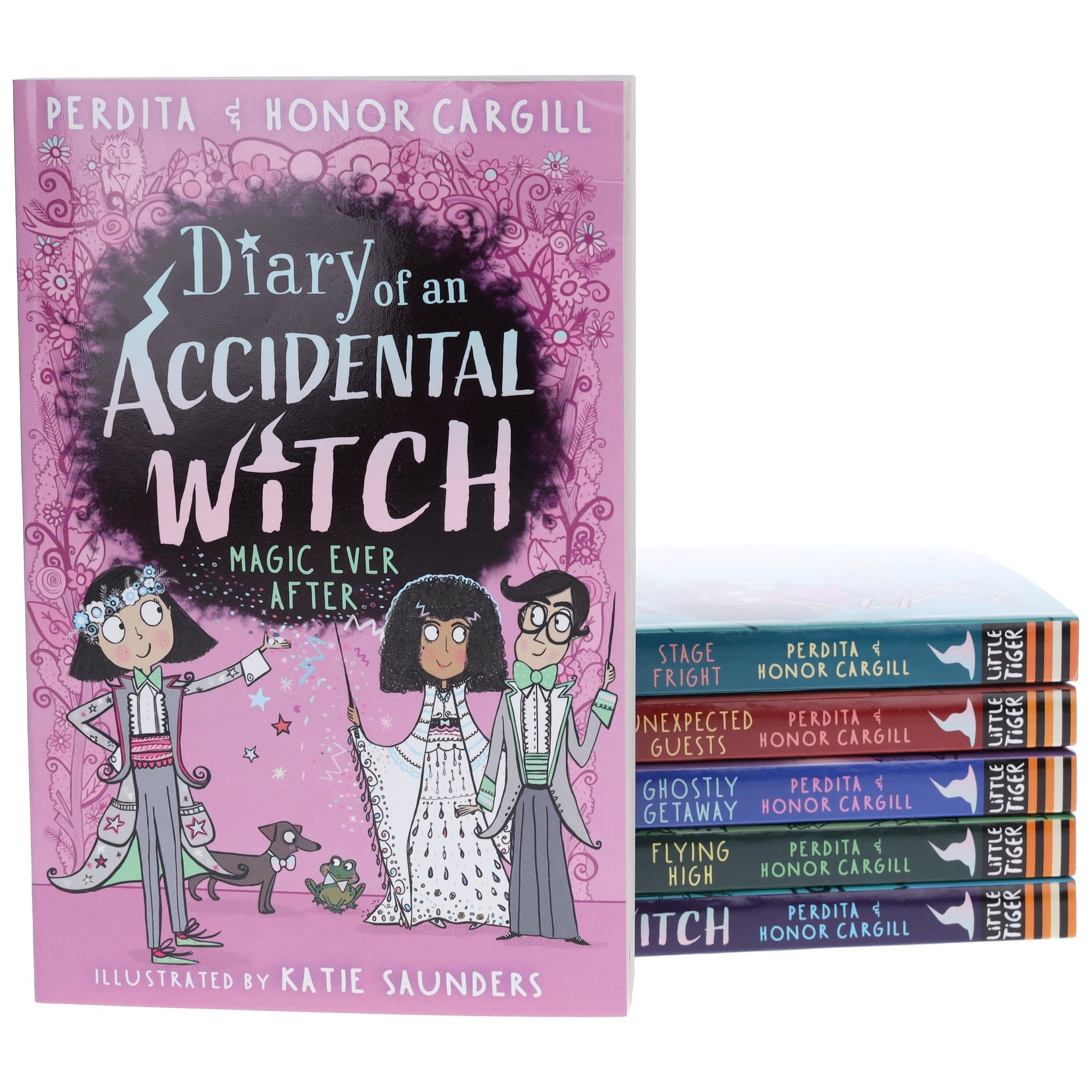 Six colorful paperback books from the "Diary of an Accidental Witch" series, featuring whimsical illustrations and a pink cover with the title prominently displayed.