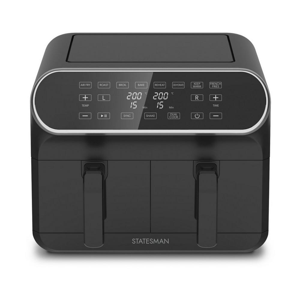 Black digital dual zone air fryer with a sleek design, featuring two compartments, LED display, and control buttons for temperature and time settings.