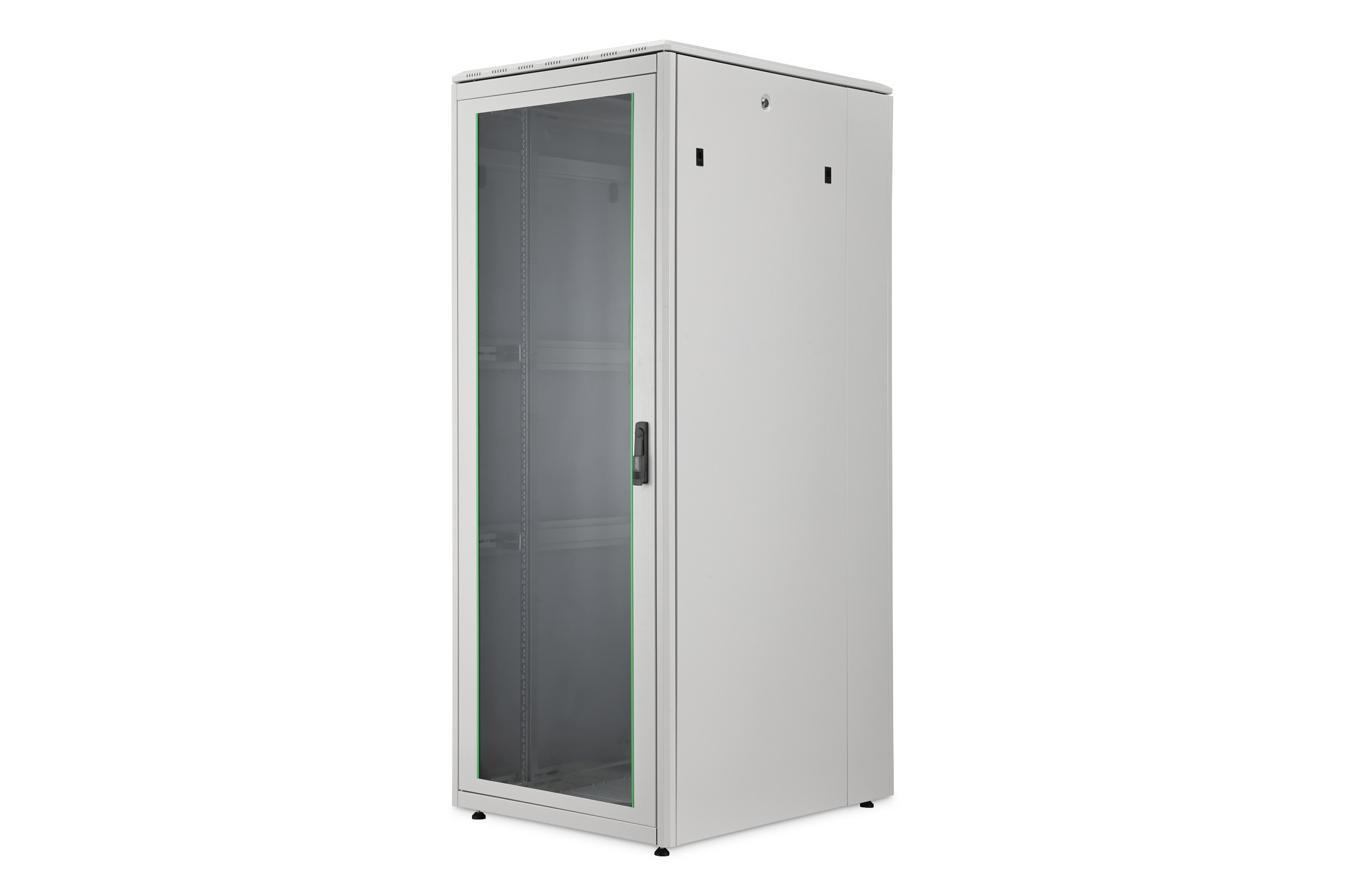 Digitus Network Cabinet in a sleek light gray finish, featuring a glass front door, ventilation slots, and adjustable shelves, measuring 800x1000 mm (WxD).