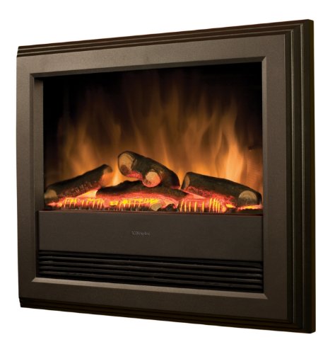 Wall-mounted electric fire in black with a sleek frame, featuring realistic log effect and glowing embers, creating a warm ambiance.