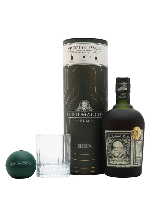 Diplomatico Reserva Exclusiva Rum Gift Set featuring a green ice mould, a clear glass, and a dark green bottle in a black and gold cylindrical box.